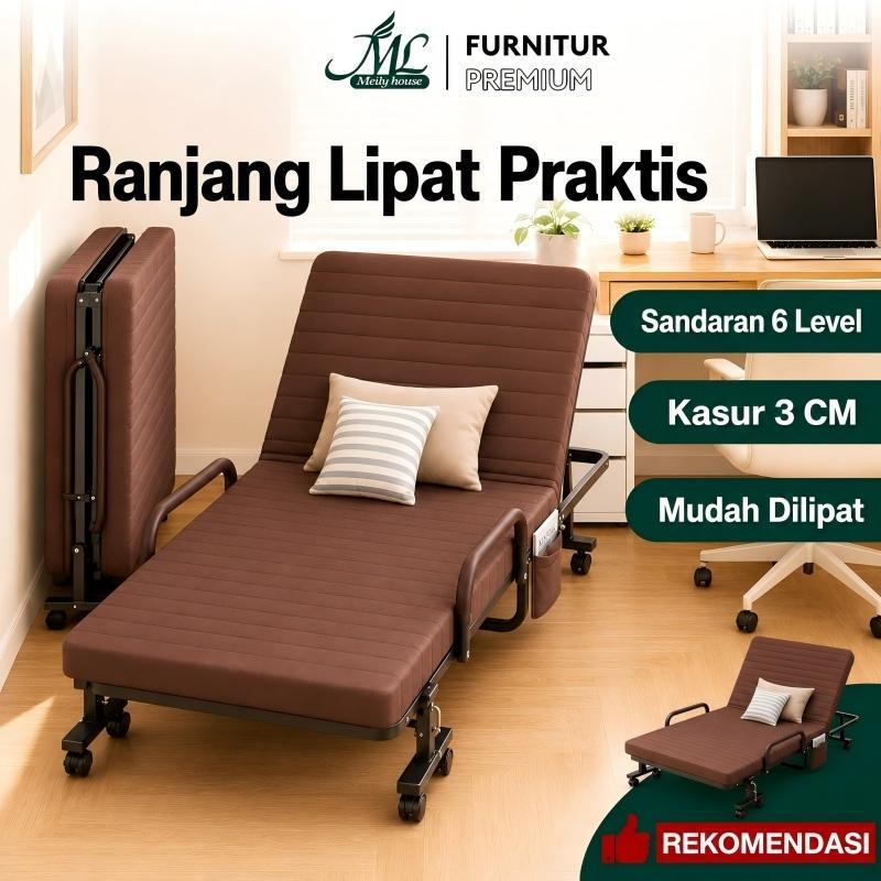 Ranjang Lipat Tempat Tidur Lipat Portable Folding Bed Dengan Roda Sandaran Tangan Ready Stock