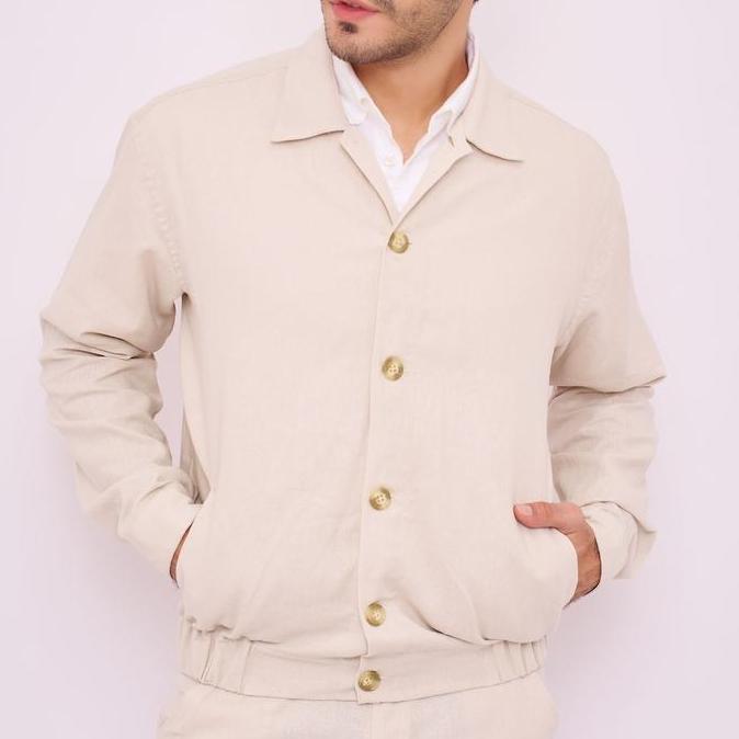 REMEDY Jaket Bomber Linen Pria Warna Cream - Aneto Linen Bomber Jacket