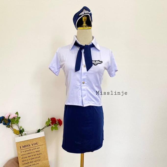 PREMIUM / Miss Linje Lingerie Kostum Cosplay Sexy Pramugari Full Set Kaos Impor Premium Baju Dinas K