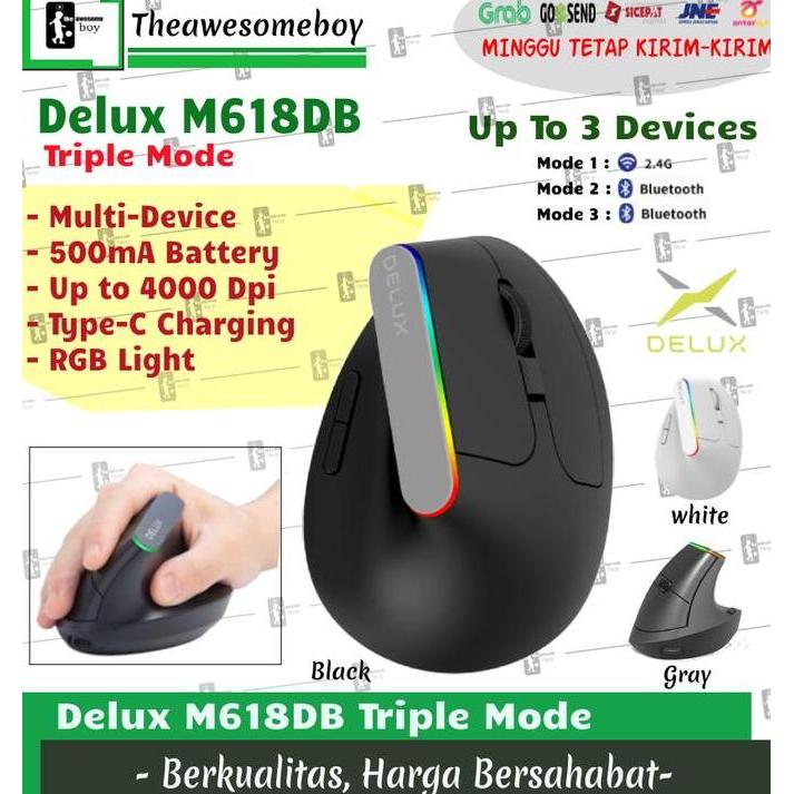 Promo Delux M618C M618Db Dual Mode Bluetooth Wireless Vertical Mouse Silent