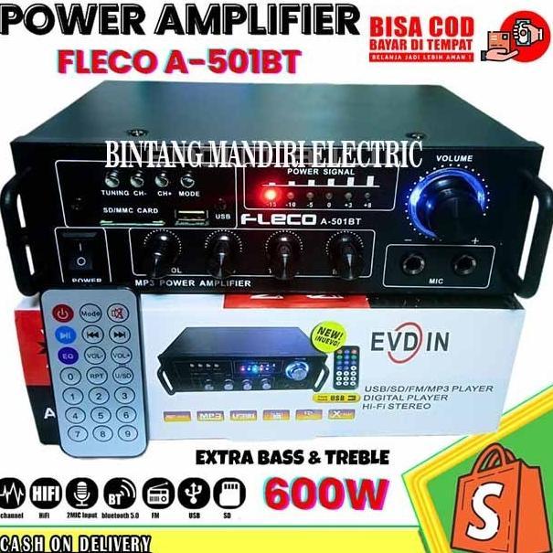 Power Amplifier Bluetooth Fleco A-501BT 600W | Audio Penguat Suara Extra Bass & Treble | Ampli Mini 