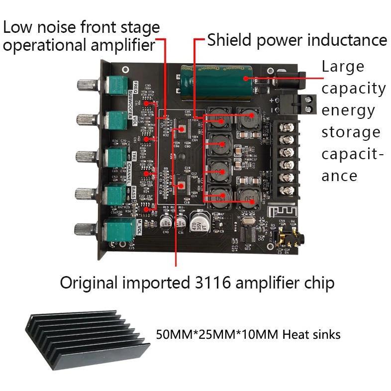 Amplifier Board Bass Mini Sterio Bluetooth 5.0 50Wx2+100W Amplifier Mini Bluetooth Class D 2.1CH