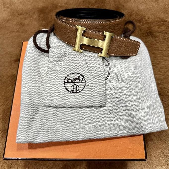PREMIUM / Hermes Reversible Belt Brown Black Leather Belt Gold Buckle Brushed