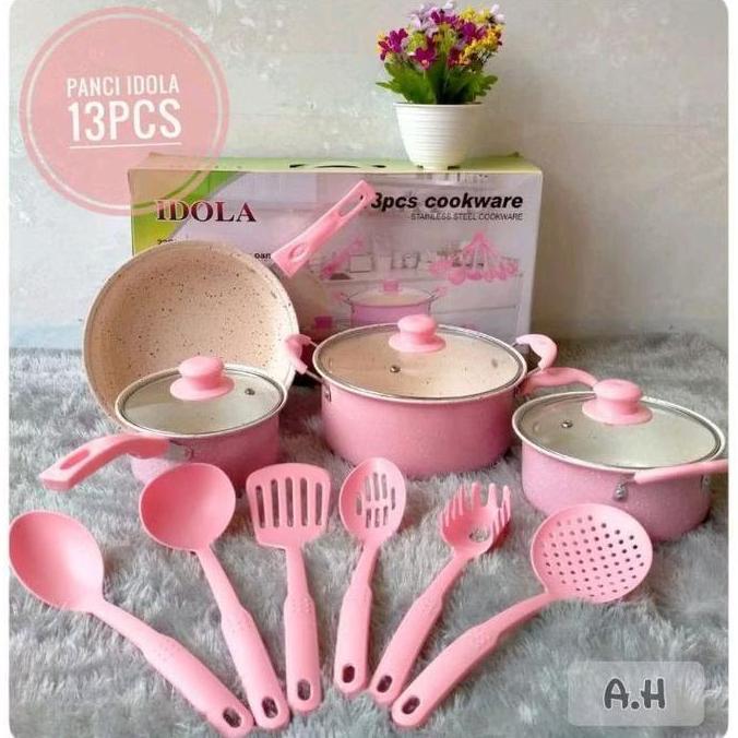 PREMIUM / Panci Idola 13 Pcs Cookware Set Warna Hitam Frypan & Spatula Gratis Alat Dapur Praktis unt