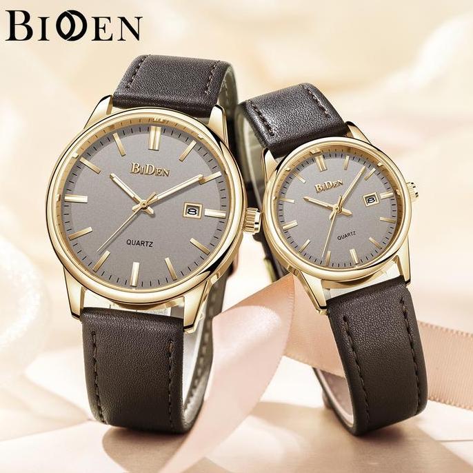 BIDEN Jam Tangan Couple Original Kuarsa Klasik Mode Tali Kulit Anti Air Jam Pria+Jam Wanita