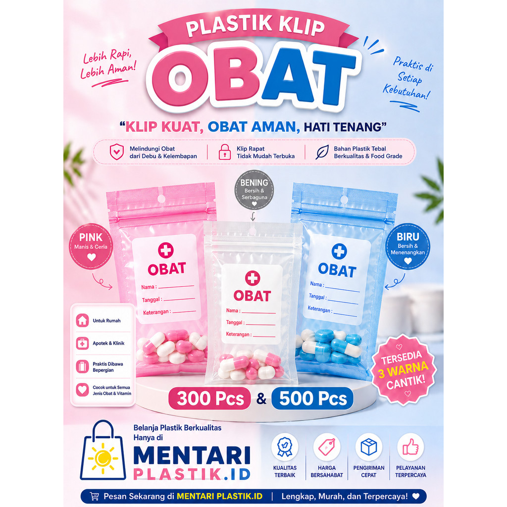 Plastik Klip Obat Apotek Pink-Biru-Bening 300 & 500 Pcs - Kantong Obat Ziplock Mini Tebal Kuat Kemas