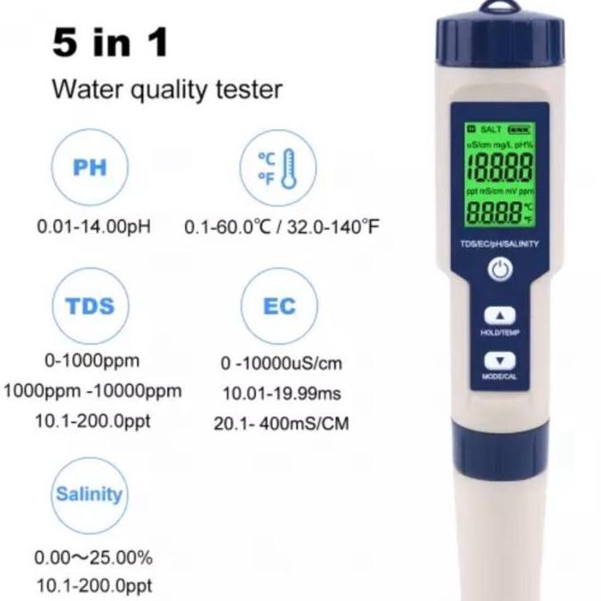 EZ-9909 5 IN 1 ALAT UKUR UJI KUALITAS AIR PH TDS SALINITY EC SUHU SALINITY TDS EC TEMPERATURE PH MET