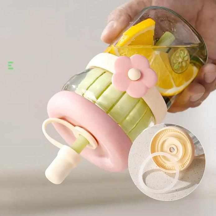 Ready Onion Botol Minum Kaca Motif Bunga 500ml dengan Sedotan Silikon & Tutup Plastik Import Unik un