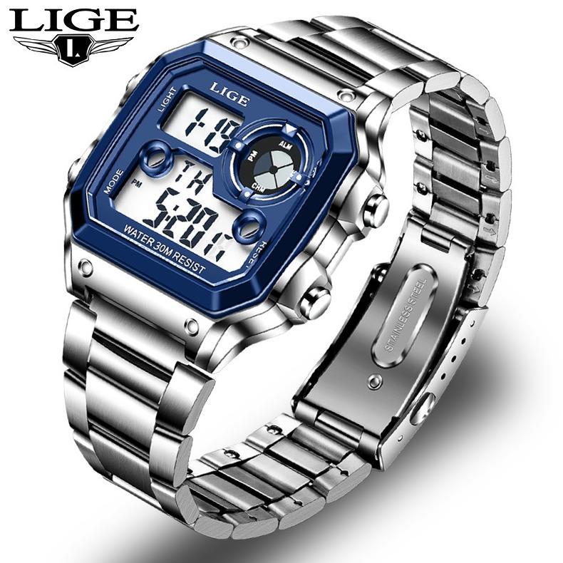 LIGE Original Jam Tangan Pria Digital Fashion Anti Air Baja Tahan Karat Kalender Bercahaya Jamtangan
