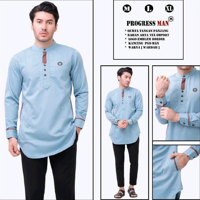 PROMO DISKON - ProgressMan~Baju Koko Kurta Pria Lengan Panjang Original ProgressMan Biru Wardah Musl