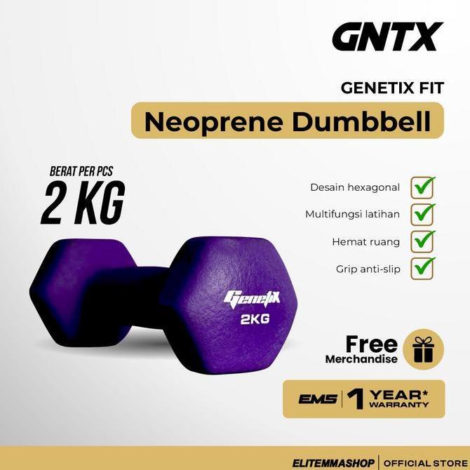 FLASH SALE - Dumbbell Neoprene GENETIX FIT 2 KG dengan Desain Hexagon, Dumbbell, Barbell, Dumbbell 2