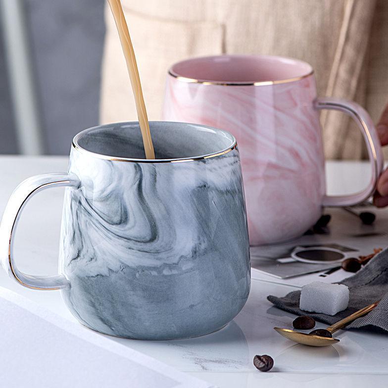 Gelas Minum Keramik Motif Marble Abu & Pink List Gold Elegant / Ceramic Mug Marble List Gold Elegant
