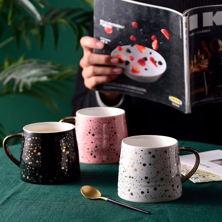 Gelas Minum Set Keramik Motif Bintang Dengan Tutup Dan Sendok Gold/ Ceramic Mug Set With Cup Lid Gol