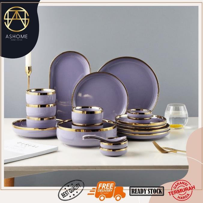 Piring Makan Keramik Ungu Lilac Gold / Piring Ungu Keramik List Gold / Mangkuk Keramik Ungu Gold Ele