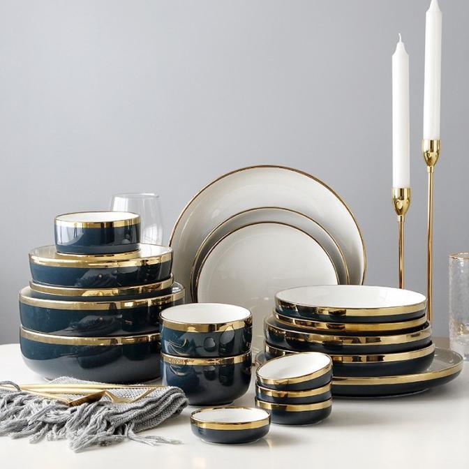 Piring Makan Keramik Putih Navy Gold / Piring Putih Keramik List Gold / Mangkuk Keramik Putih Gold E