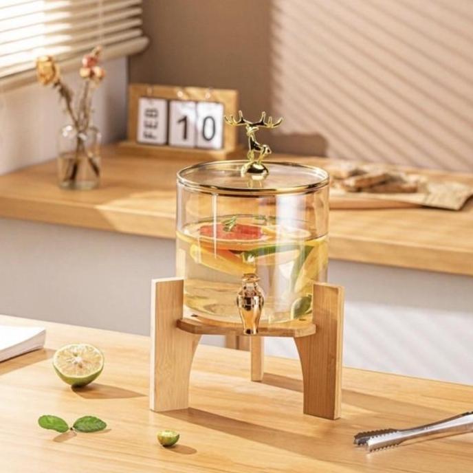 Dispenser air kaca dengan tatakan kayu / Ketel air / Tempat air es jus