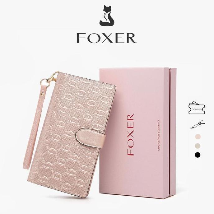 FOXER Dompet Kulit Asli Dompet Panjang Emas Dompet Wanita Berkapasitas Besar Tempat Kartu Kredit Uan