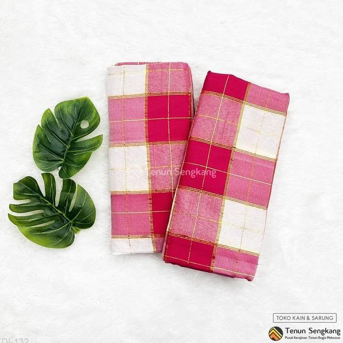 Sarung Bugis Kotak Kadei Asli Sutra Makassar Pink Putih KDI-132