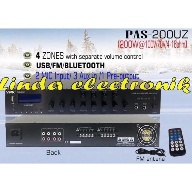 4 zones ampli vpk pas200uz 200 watt 100v 70v 4 16ohm vpk pas 200uz