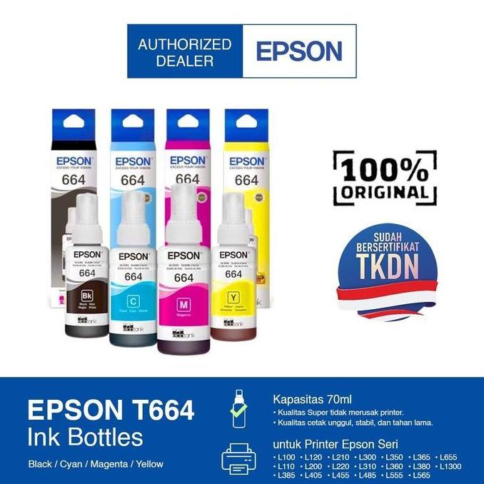 Tinta Epson 664 T664 T6641 Original Black Hitam Color Warna Ori L360