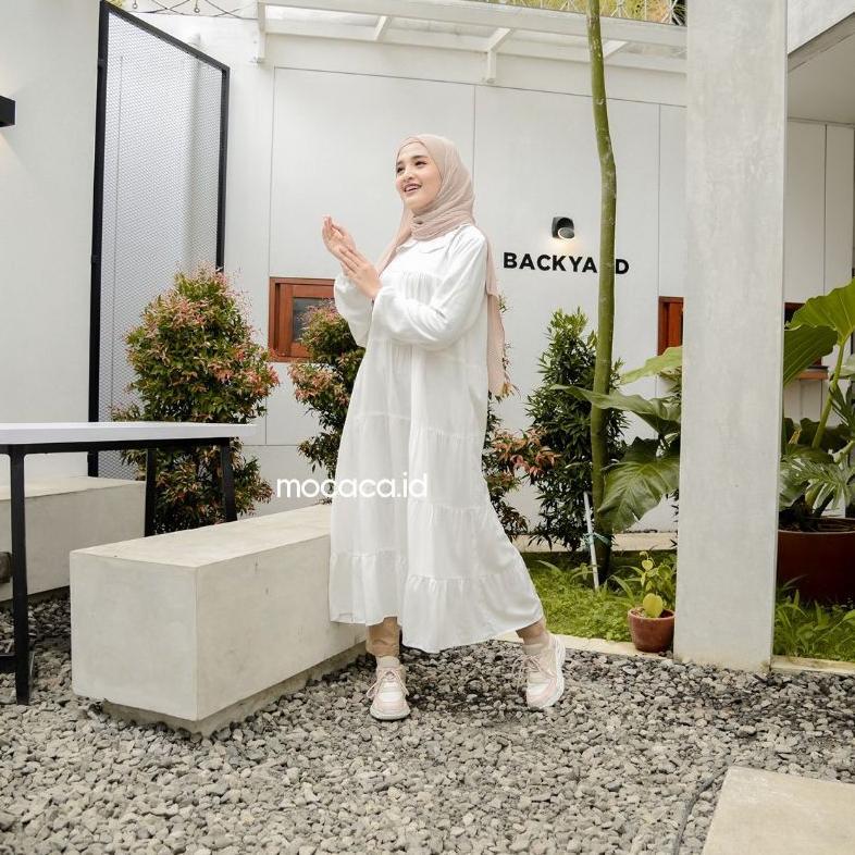 Midi Dress Susun Kerah Renda Katun Rayon Twill Premium Hitam Putih Babydoll Long Tunik Babyblue Cod