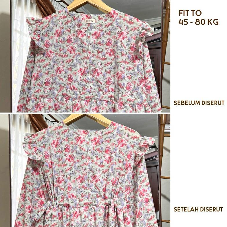 [Cod] Tunik Midi Gamis Crepe Ceruty Babydoll Rayon Motif Bunga Busui Friendly - Midi Dress Ceruti Ke