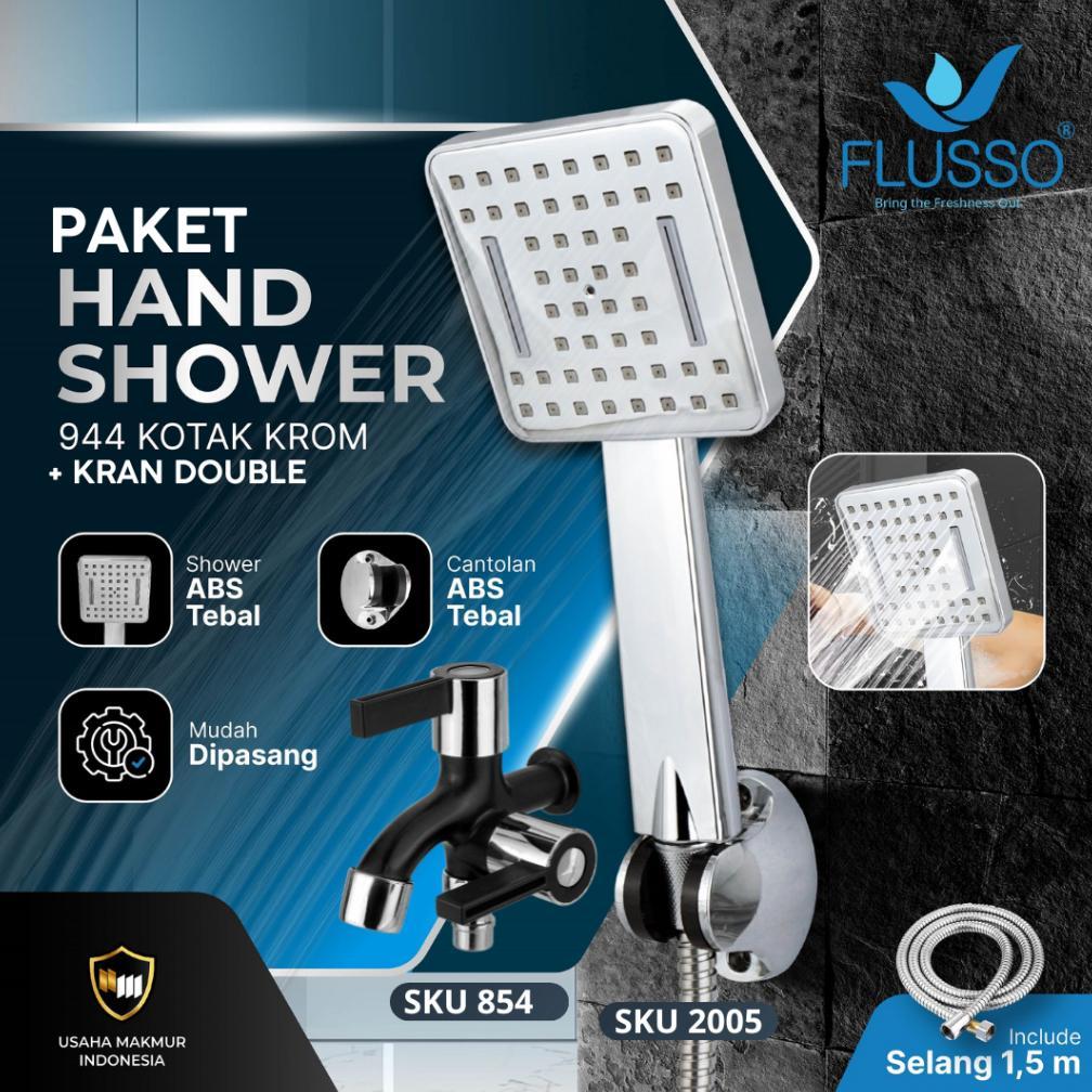 Flusso Paket Hemat Shower Set Komplit + Keran Double Black Gold Kuningan Flusso Garansi 1 Tahun