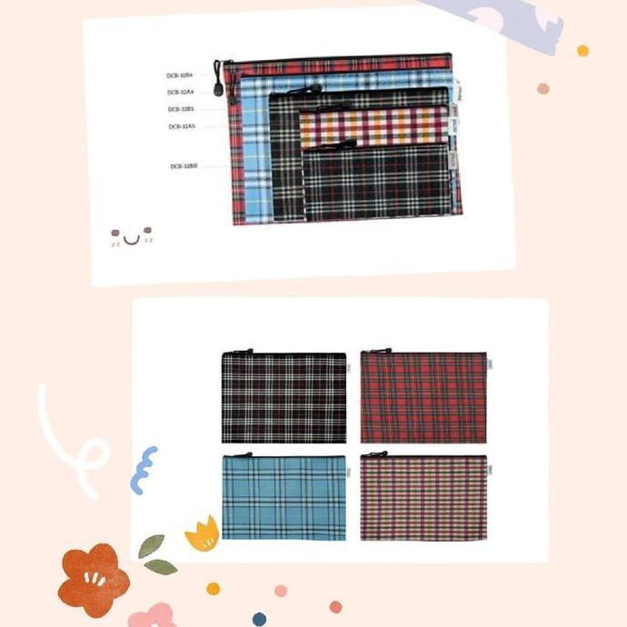 Stack- Joyko Dcb32 Zipper Document Bag Map Tas Dokumen Kain Resleting Motif Kotak Tartan B4 A4 B5 A5