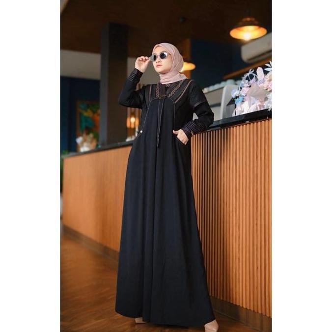 Wxwxw- Gamis Mahalini Hitam Kombinasi Hikmat Embos Simple Elegan Lebaran