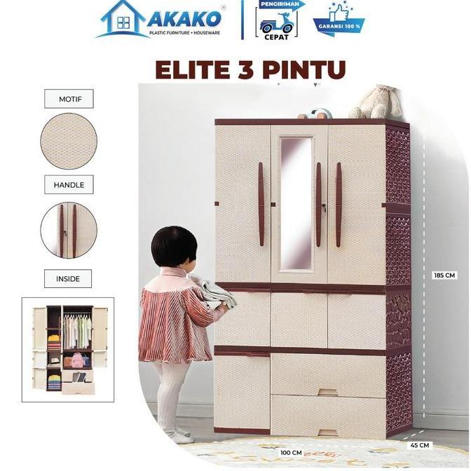 Murah Akako - Lemari Pakaian Plastik 3 Pintu Elite Complete Super Jumbo/ Kode : Lp3P - Elite Complet