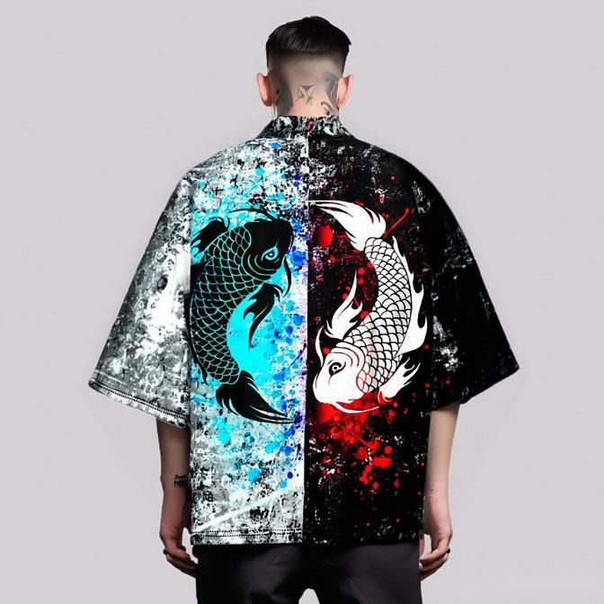 Fashion Ikan Mas Cina Blok Warna Splicing Cosplay Haori Kasual Longgar Pria Kimono Jepang Harajuku