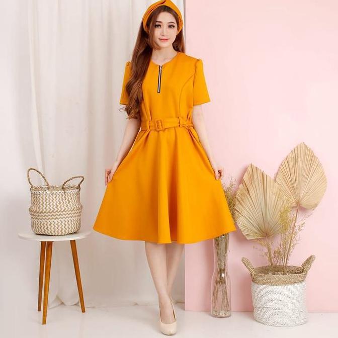 DRESS ZIPEER SCUBA MUSTARD / BUSUI FRIENDLY / DRESS WANITA / DRESS PESTA CASUAL terlaris