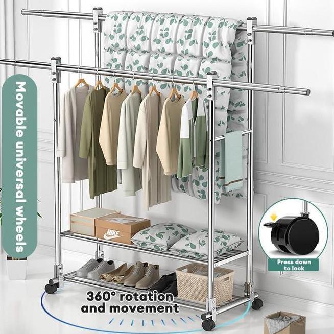 Rak Gantungan Baju Berdiri Stainless Steel Tebal Jemuran Baju Stainless Jemuran Baju Dobel Pool Roda