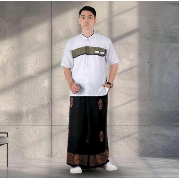 SARKO Setelan Sarung Dan Koko Pria Dewasa Lengan Pendek Motif Bordir Lato Lato & Sarung Sarang Tawon