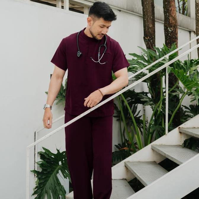 Baju Jaga Scrubs Theatre Blues First Line - MANDARIN - MAROON