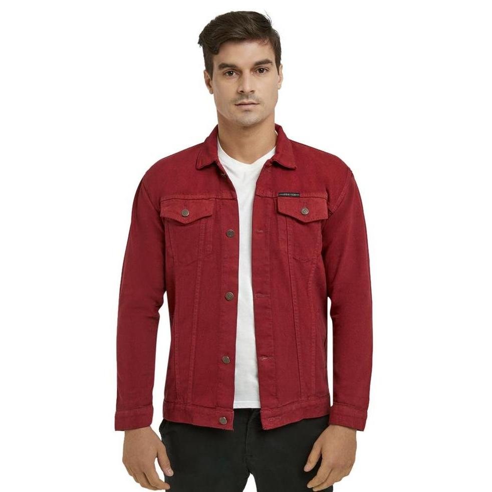 HEMMEH Jaket Denim Maroon Polos Jaket Jeans Merah Polos Jaket Jeans Pria Merah Polos