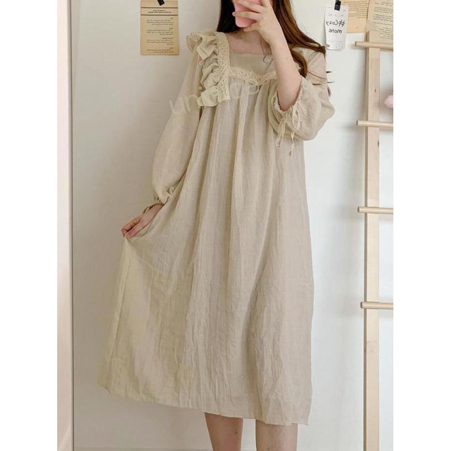 Uninice Lengan Panjang Rok Tidur Renda Piyama Pakaian Rumah