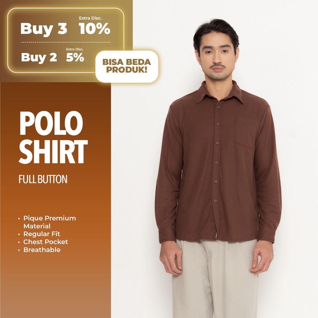 Erigo Polo Shirt Full Button Long Sleeve Berthold Brown - Kemeja Kerah Lengan Panjang Polos Unisex