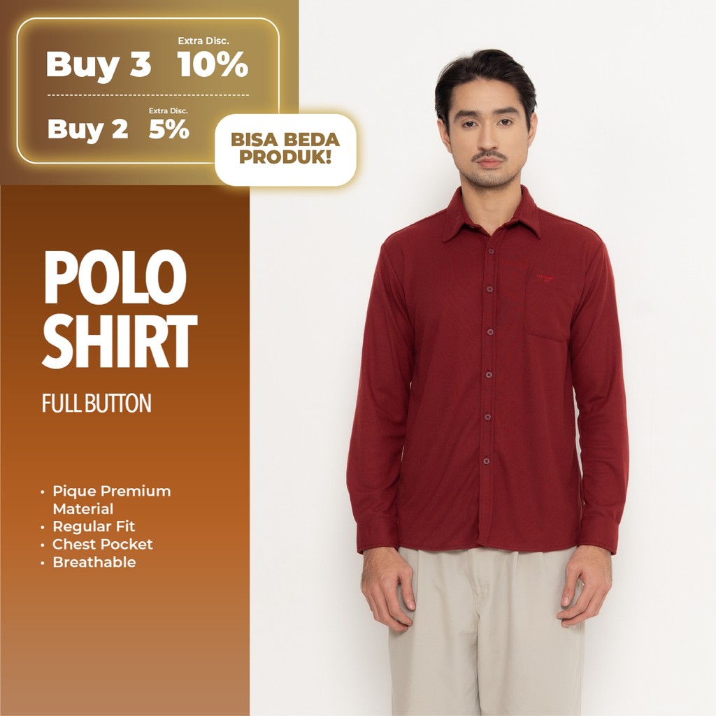 Erigo Polo Shirt Full Button Long Sleeve Berthran Maroon - Kemeja Kerah Lengan Panjang Polos Unisex
