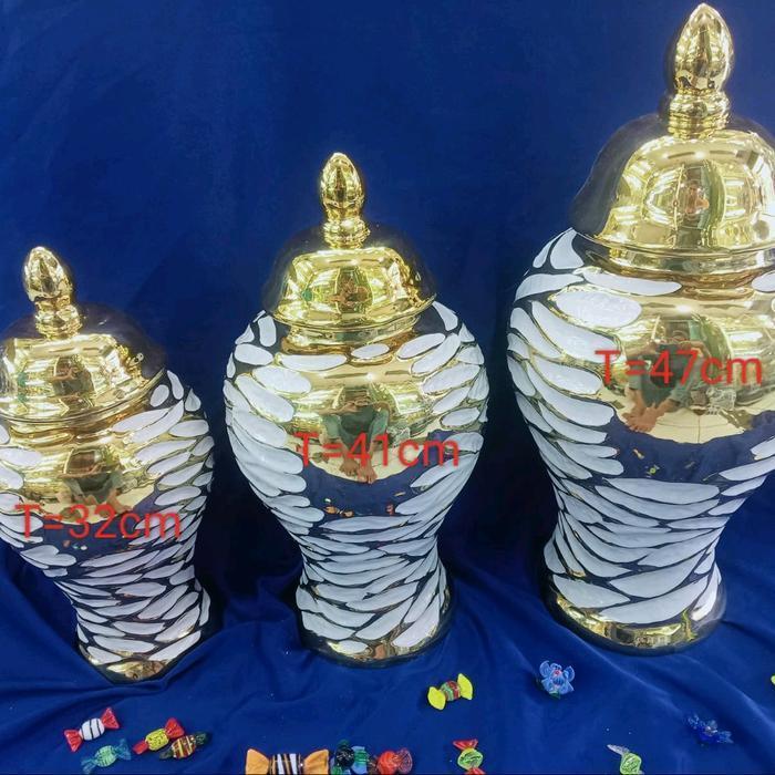 pajangan guci gold set 3 pcs/guci tutup/tocin keramik