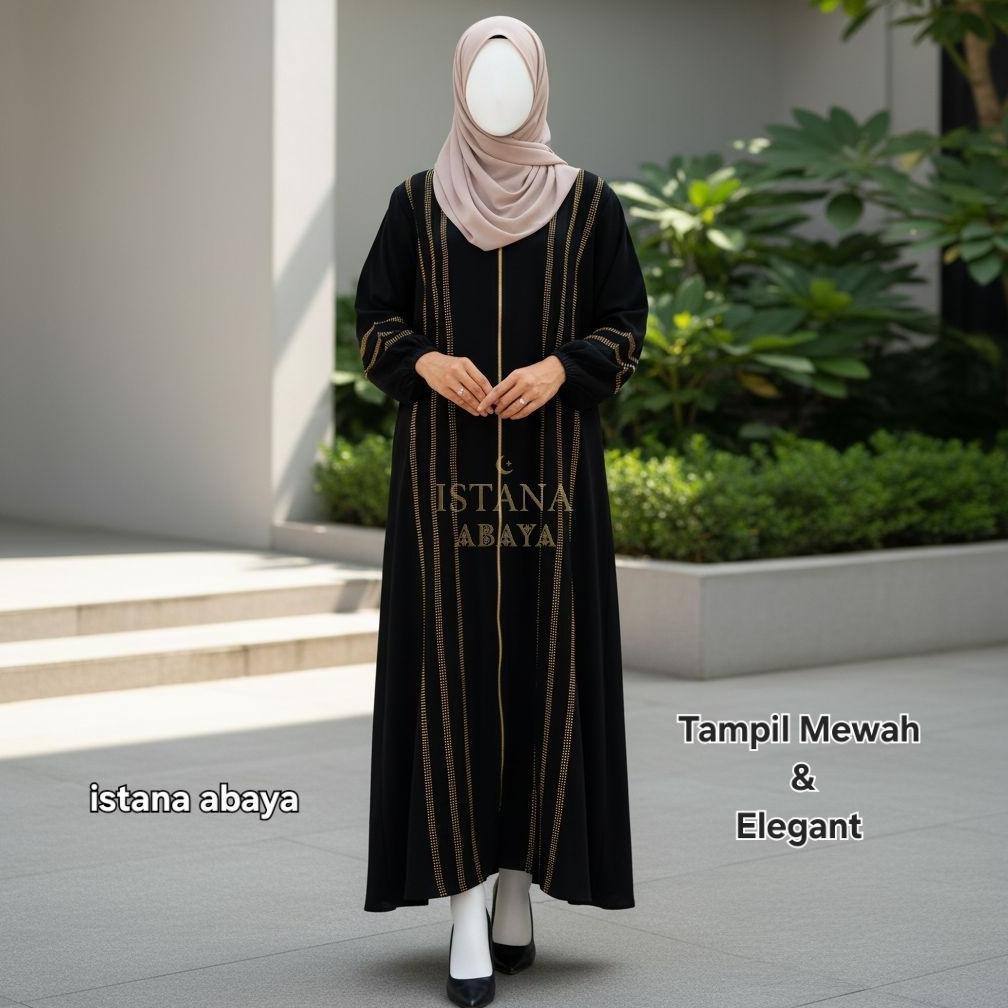 Abaya Jetblack Mata2 Swarovski Emas Dg Ziper Emas Full Cantik Sampai Bwh Original