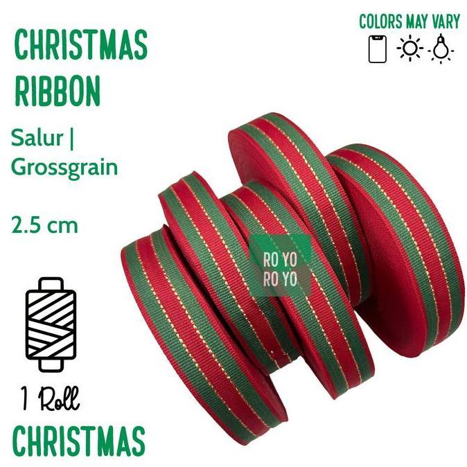 Iyakirim- Ribbon By Roll - Pita Natal Merah Hijau Emas Salur | Grossgrain