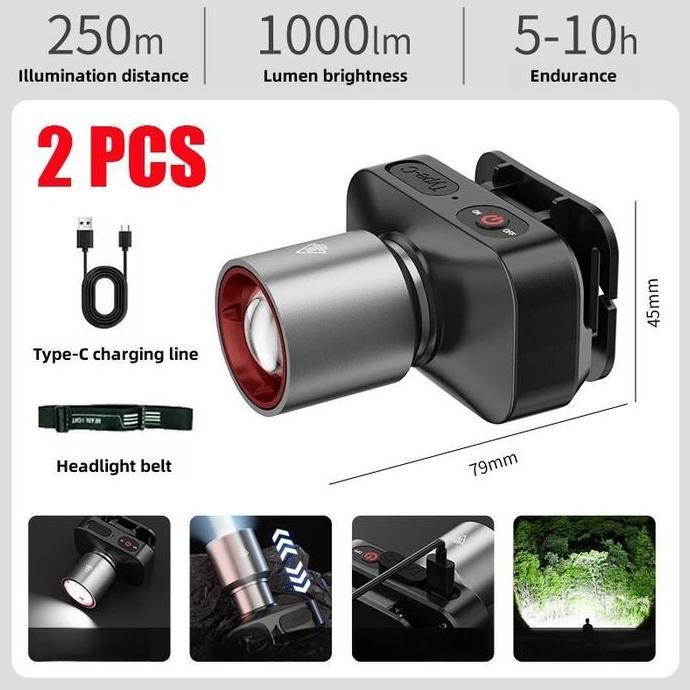 SRADAN SENTER KEPALA 1000 LUMEN Zoom Fokus Penyebaran - 150W New Design Anti Air Dengan USB Recharge