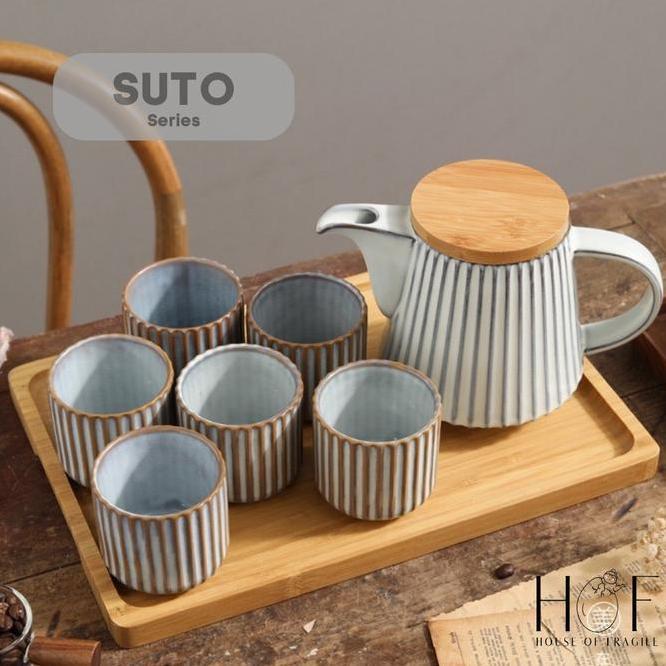 Hof Suto Teko Set Keramik 7 In 1 Cangkir Set Aesthetic Satu Set Gelas Dan Teko Nampan Kayu Desain Er