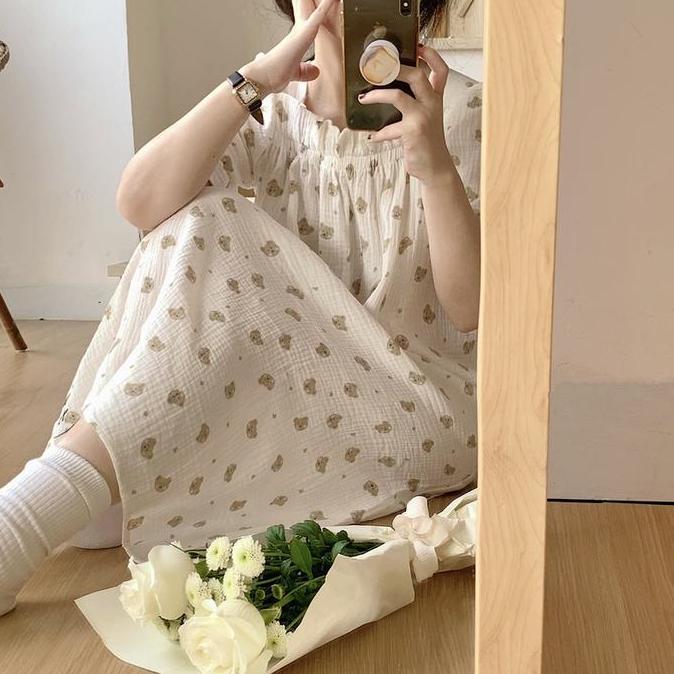Baju Tidur Wanita Taemo Dress Sleepwear Daster Motif Bear Lucu Rok Tidur Kekinian Lengan Pendek TF