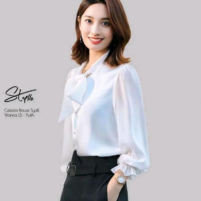 Kemeja Atasan Wanita Kemeja Atasan Wanita Lengan Putih White Panjang Sifon Chiffon Korean