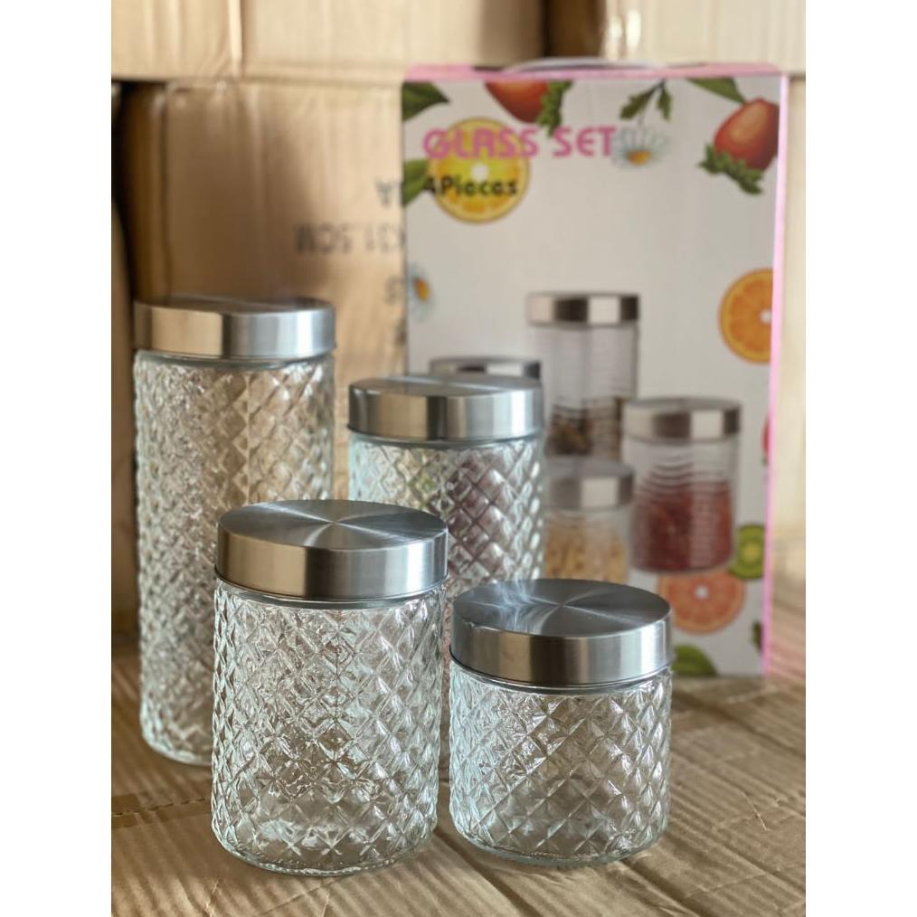 RAVELLACOLLECT TOPLES CANISTER HA 4 PCS KECIL BAHAN KACA SUPER TEBAL TOPLES MOTIF KRISTAL TUTUP STAI