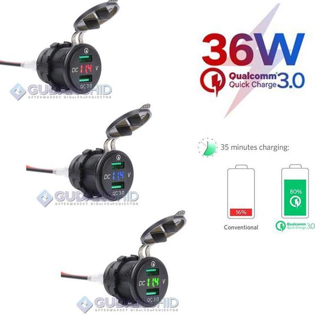 Casan HP Voltmeter Cek Aki USB QC3.0 Fast Charger 36W Motor Mobil TERBAIK