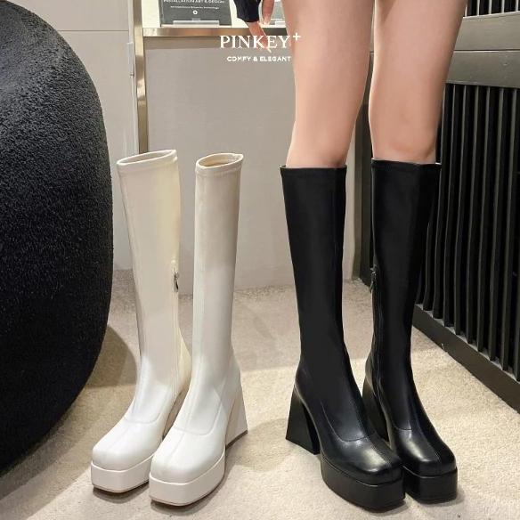 PINKEY P295 Boots Panjang Wanita Heels 10cm Platform Hitam Putih