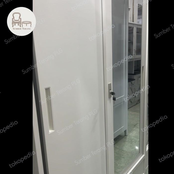 Lemari Pakaian Plat Besi 2 pintu Putih Lemari Baju Laci Sliding Kaca
